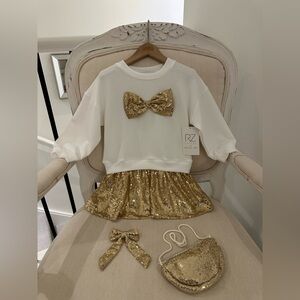 🦢 2T Rachel Zoe White and Gold Sequin Dress Set With Hair Bow & Mini Purse NWT
